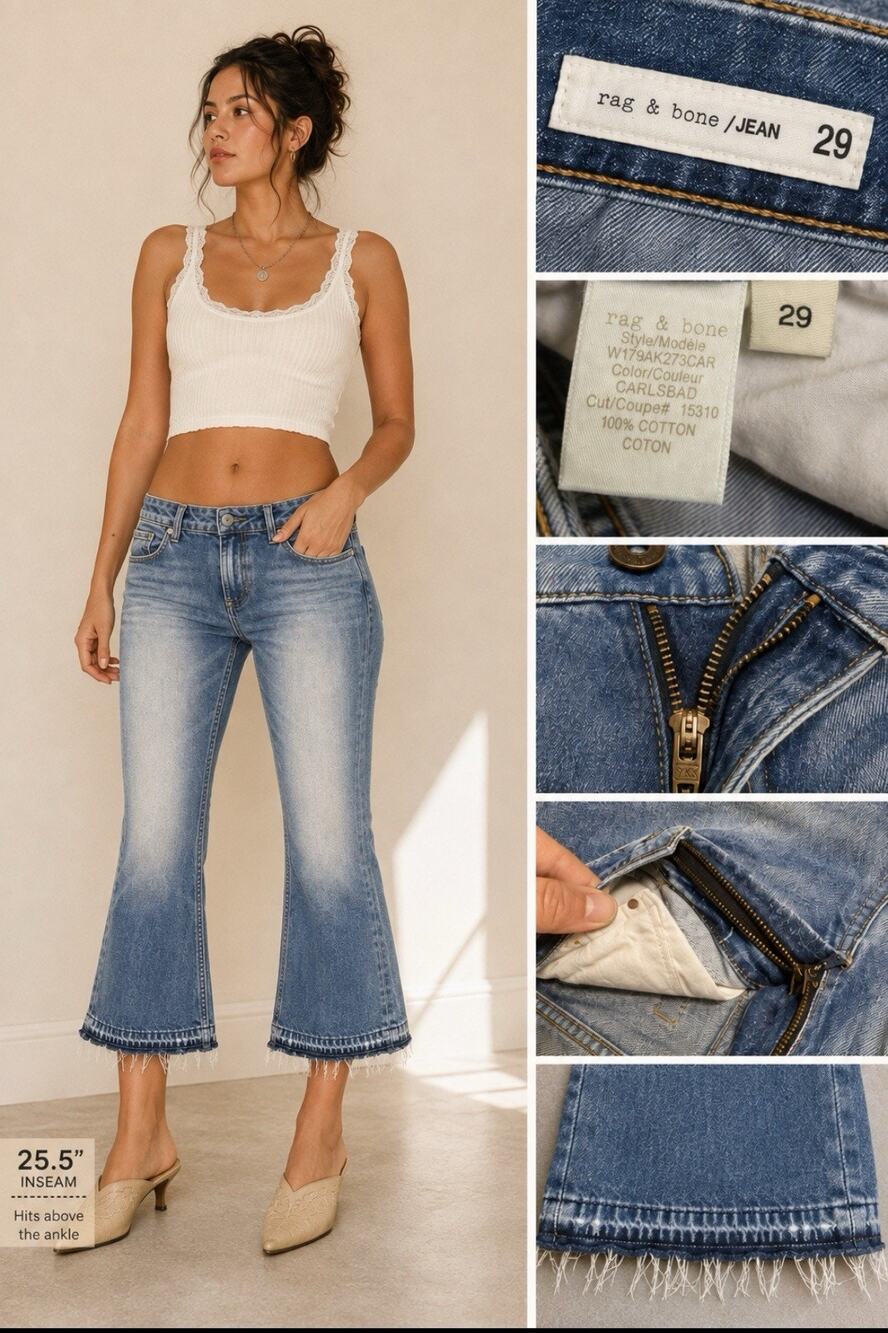 Bohemian Indie rag & bone Cropped Flare Jeans 29 Medium Wash Frayed Hem Festival